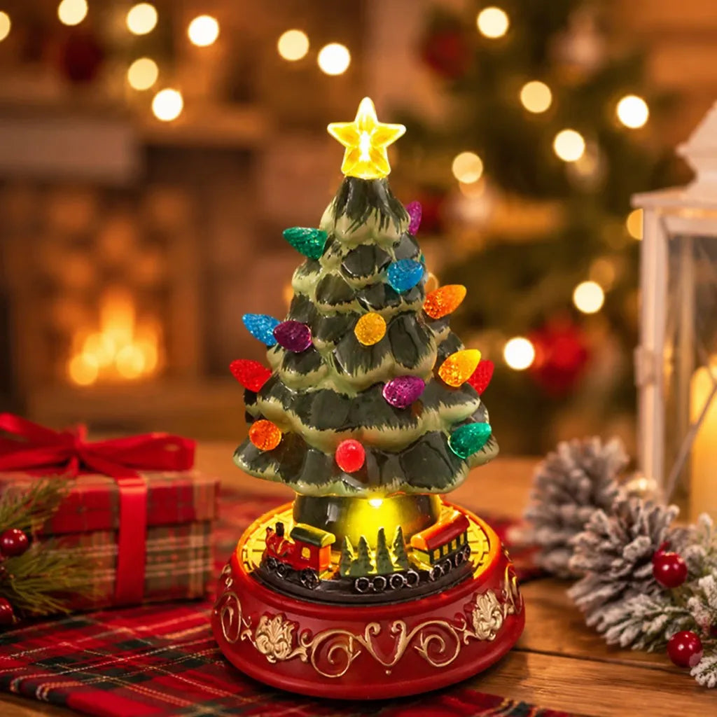 Lighted Ceramic Christmas Village Tree | Rotating Train Base | Tabletop Holiday Decor