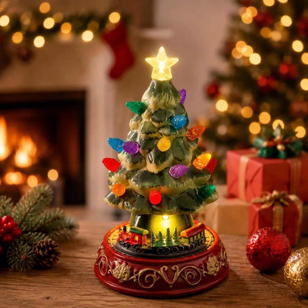 Lighted Ceramic Christmas Village Tree | Rotating Train Base | Tabletop Holiday Decor