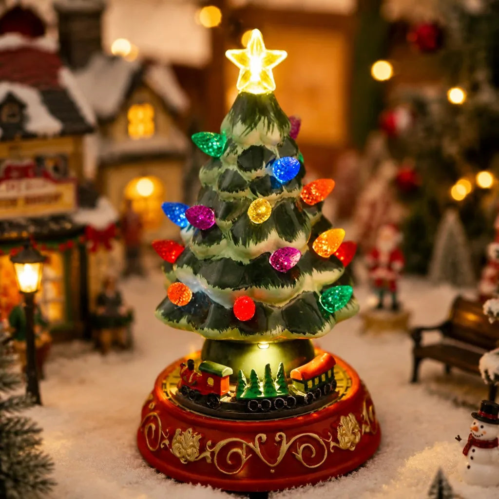 Lighted Ceramic Christmas Village Tree | Rotating Train Base | Tabletop Holiday Decor