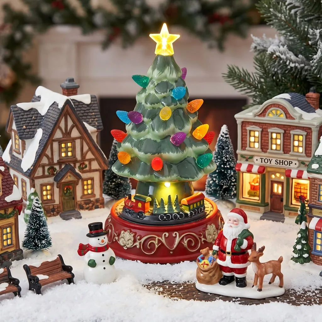 Lighted Ceramic Christmas Village Tree | Rotating Train Base | Tabletop Holiday Decor