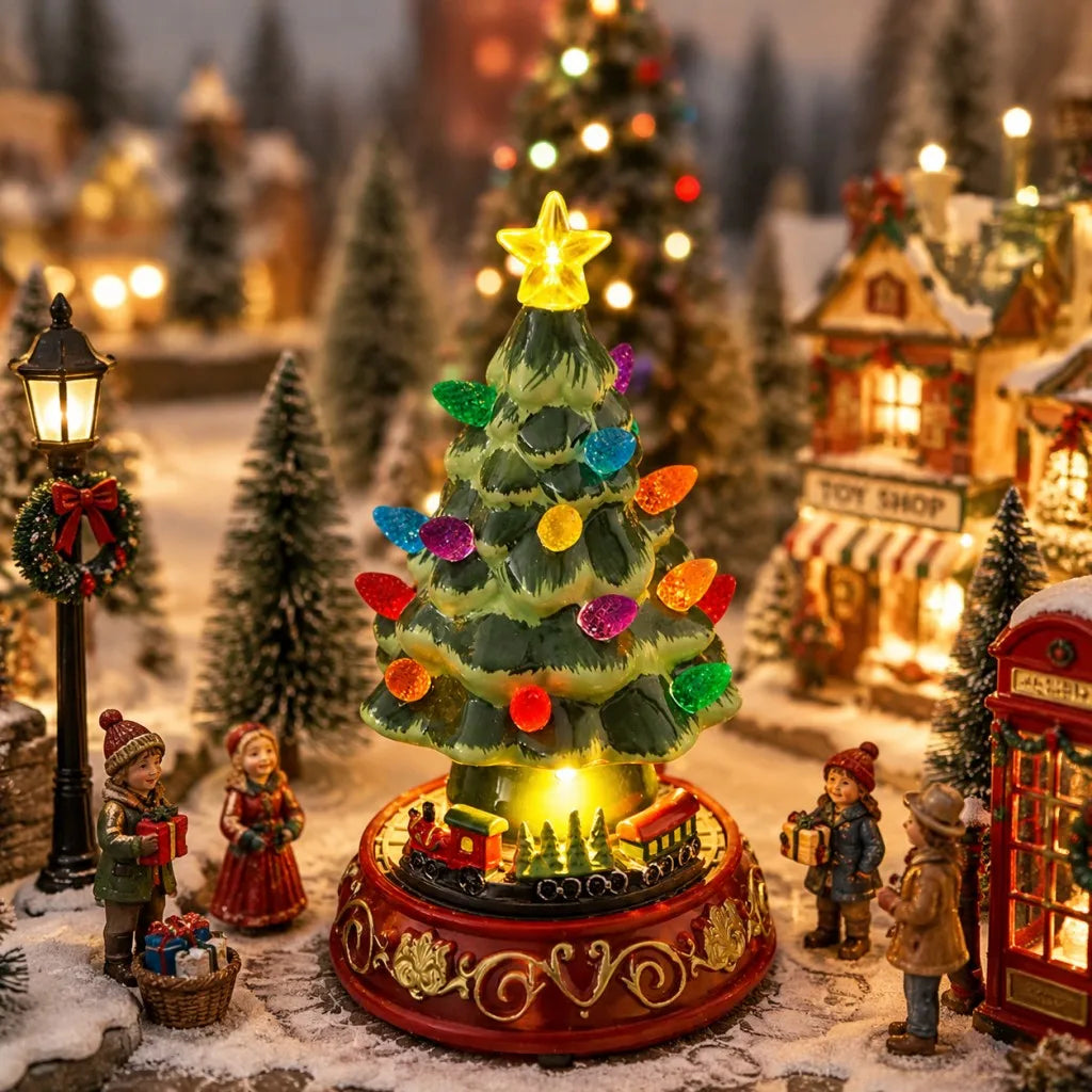 Lighted Ceramic Christmas Village Tree | Rotating Train Base | Tabletop Holiday Decor