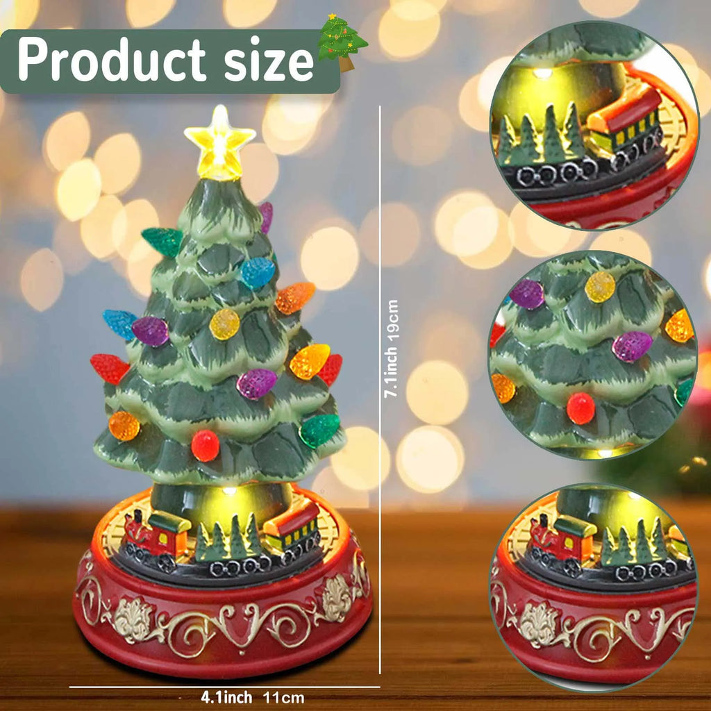 Lighted Ceramic Christmas Village Tree | Rotating Train Base | Tabletop Holiday Decor